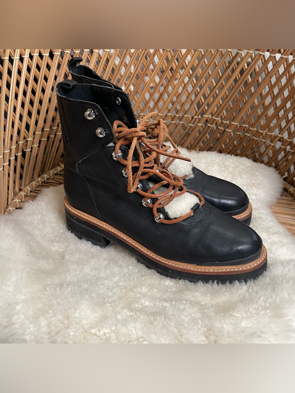 Marc Fisher Black Leather Shearling-Trim Lace-Up Boots - Women